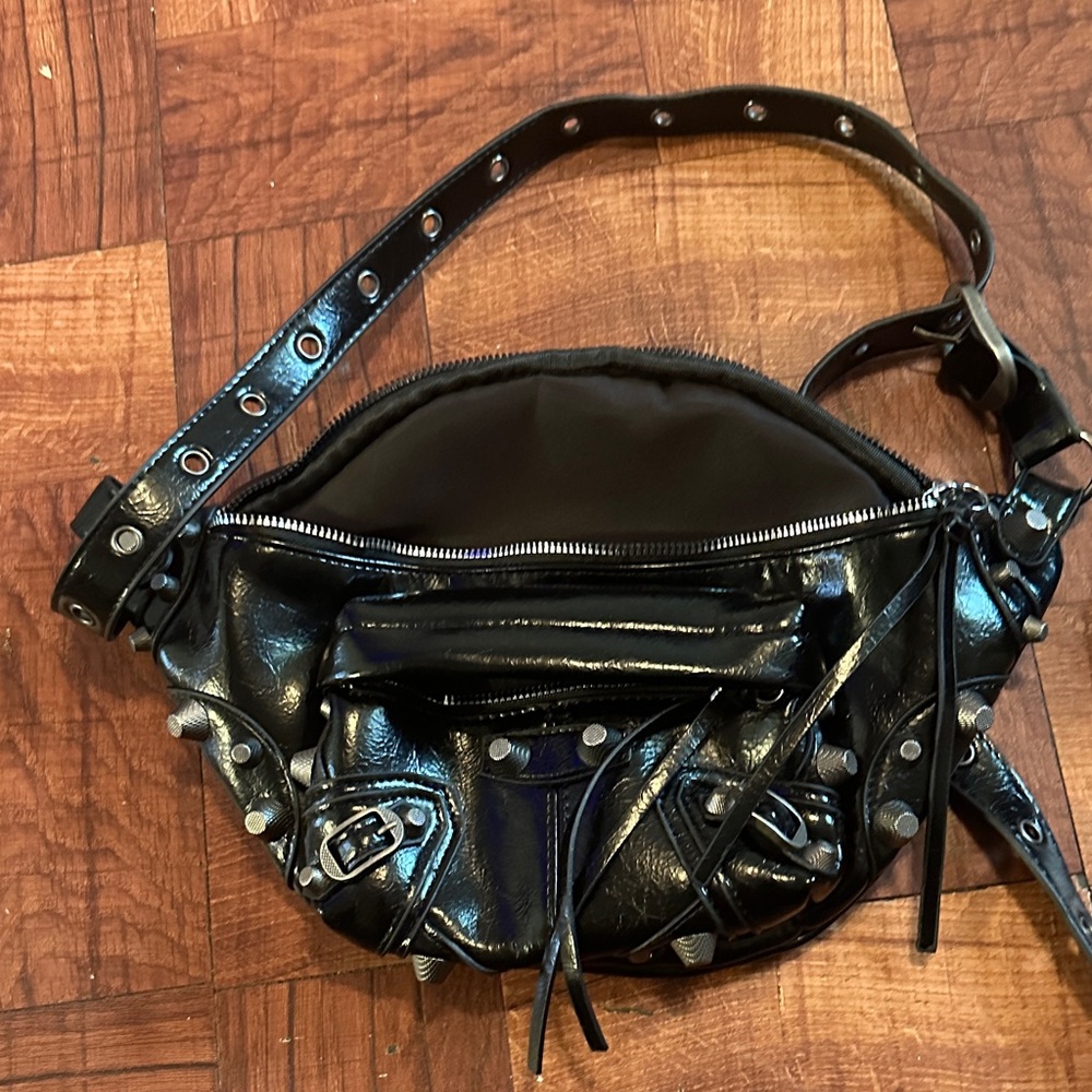 Black Patent Leather Studded Belt Bag
